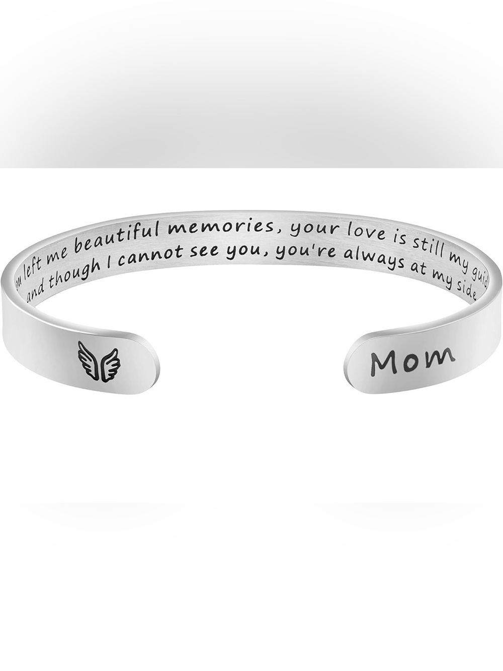 JoycuFF Engraved Silver Message Cuff Bracelet (Memorial Gift for Loss of Mom)